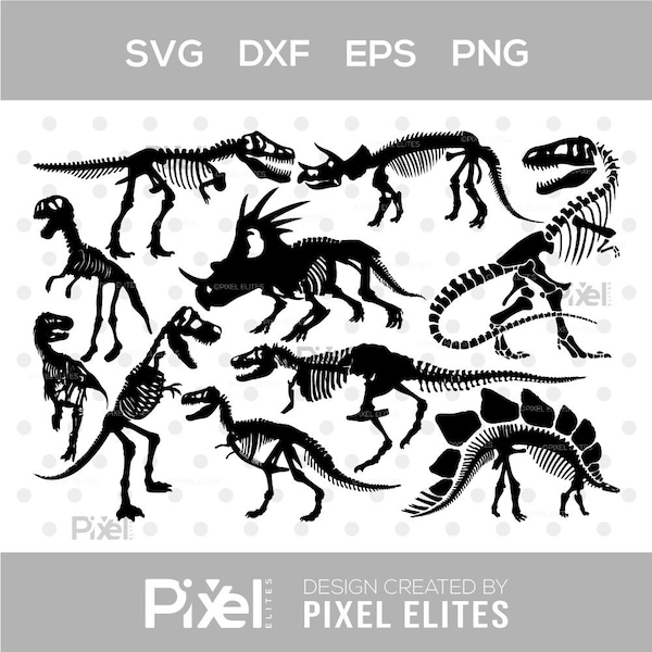 Dinosaurier-Skelett SVG-Schnittdateien | Dinosaurier Silhouette | Dinosaurier-Knochen-Svg | Jurassier Tier geschnitten Datei | T-Rex Druck | Dinosaurier Skelett Bündel