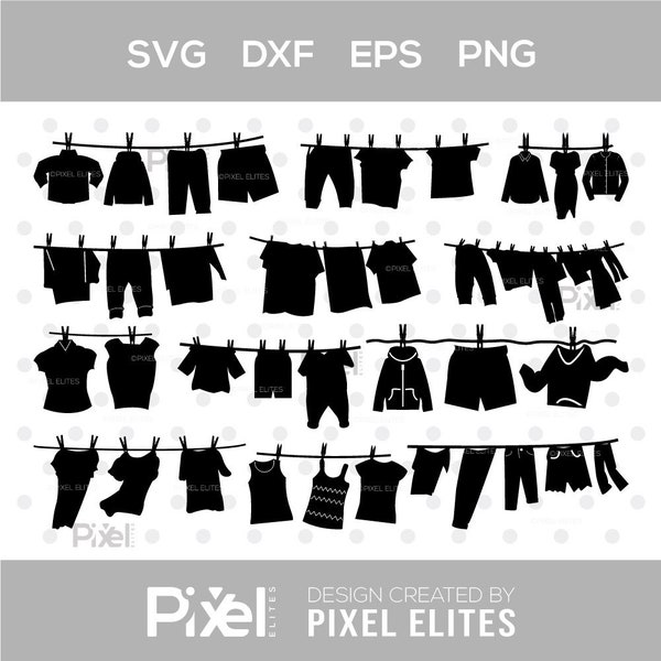 Clothesline Silhouette Svg - Line of Clothes Cricut Cut Files Png Bundle