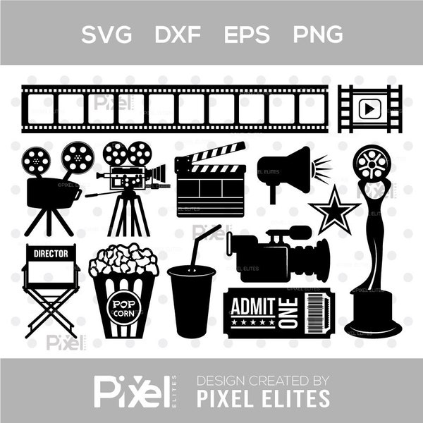 Movie Theme SVG Cut Files | Movie Theme Silhouette | Popcorn Svg | Movie Ticket Svg | File Reel Svg | Movie Awards Svg | Movie Theme Bundle