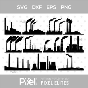 Paquete de archivos SVG de plantas de energía a carbón / Diseños de siluetas para plantas de energía y nucleares / Contaminación del aire y CO2 imprimibles png, dxf, eps