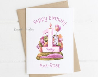 Personnalisé filles 1ère carte d’anniversaire, lapin aquarelle mignonne, fille, petite-fille, nièce, 1 aujourd’hui, premier anniversaire