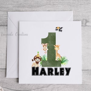Gepersonaliseerde Safari 1e verjaardagskaart, eerste verjaardag Unisex Jungle Card, Safari Animals Card voor zoon, jongen, meisje