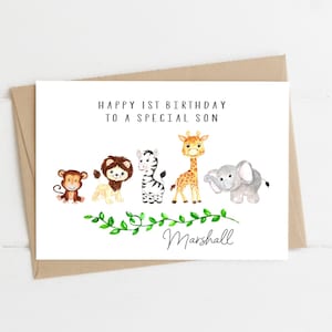 Carte d'anniversaire personnalisée 1er 2e 3e pour neveu petit-fils fils enfant enfants, bébé animaux de safari