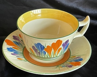 Clarice Cliff Bizarre &quot;CROCUS&quot; Cup and Saucer. &quot;Athens&quot; Shape. Art Deco.1930&#39;s. Richly Hand Painted.