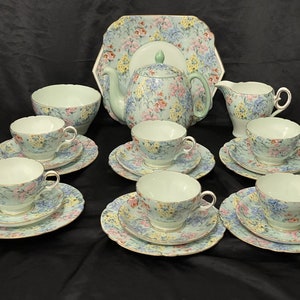 Shelley Tea Set "MELODY". Chintz. Art Deco. Complete With Teapot.1930's. Stunning. Very Rare Set.