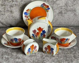 Clarice Cliff Bizarre "CROCUS" Tea for Two Tea Set. Stamford Shape
