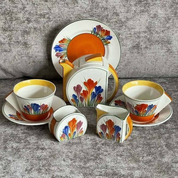 Clarice Cliff Bizarre "CROCUS" Tea for Two Tea Set. Stamford Shape