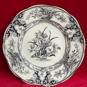 May include: A white ceramic plate with a black floral pattern. The plate has a central floral design, a decorative border, and a scalloped edge. The design includes detailed botanical illustrations.
