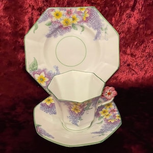 Melba Bone China FLOWER HANDLE "Lilac Time" Trio. Art Deco .1930's. Very Rare.