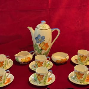 GRAY'S POTTERY (Early Susie Cooper) Coffee Set "AZALEA" Complete. Art Deco. Hand Painted. 1921-1928. Stunning Rare 1920's Set.