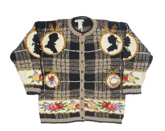 JOSEPH TRICOT Vintage Cardigan Silhouette/Cameo Pattern. Size X-L. Made from 100% Wool. Extremely Rare Design. 1980's