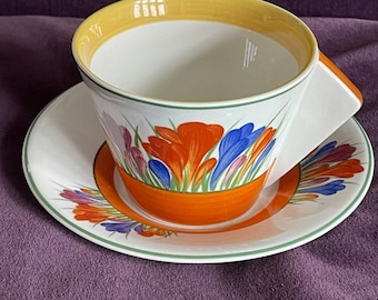 Clarice Cliff Bizarre &quot;CROCUS&quot; Conical Block Handle Cup and Saucer