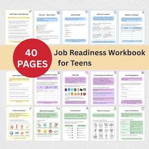 40 hojas de trabajo imprimibles para la preparación laboral de adolescentes / Exploración de carreras, currículum, entrevista, establecimiento de metas, habilidades para la vida, autodescubrimiento para jóvenes