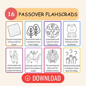 Flashcards de Pessah pour les enfants ! Matsa, Seder, Moïse, Maror, plaies. Coloriage à imprimer pour apprendre, jouer et célébrer la fête juive