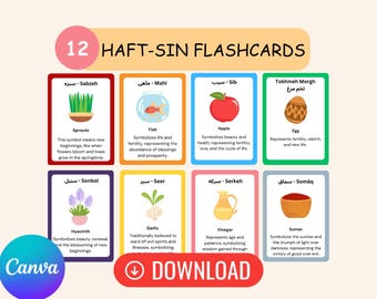 12 Nowruz Flashcards, Educational Printable Kids Set | Persian Haft-Sin, Spring Symbols of Iran New Year, Haft Seen Prints for Children