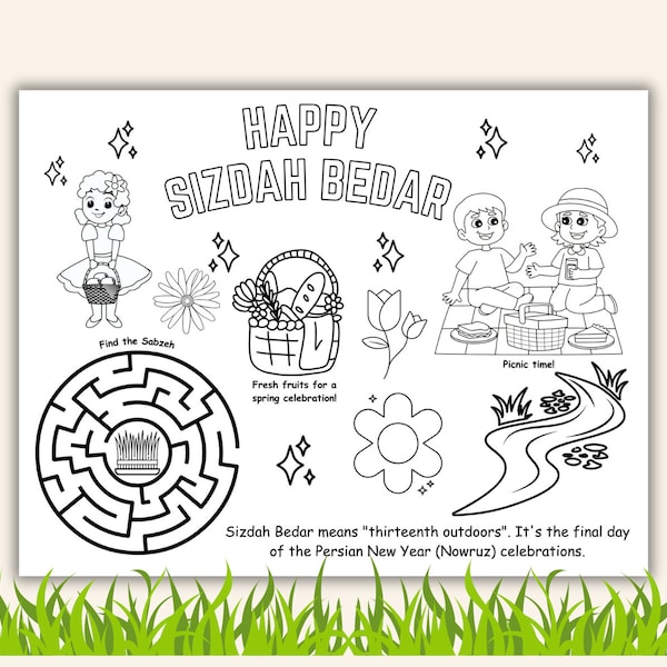 Sizdah Bedar Celebration Activity Coloring Sheet | Enjoy picnics, kites, nature, and the start of spring. Persian Cultural Print for kids