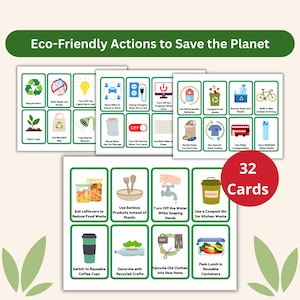 32 Flashcards on Eco-Friendly Actions to Save the Planet – Sustainable Habits Like cycling, Upcycling, Composting, Homeschooling & Classroom