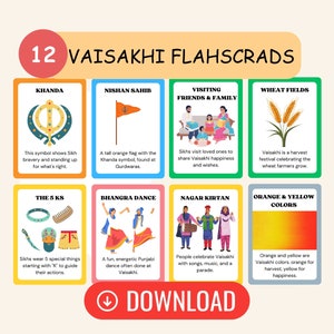 12 cartes mémoire Vaisakhi pour les enfants ! Apprenez les symboles et les traditions sikhs. Khanda, Nishan Sahib, Fête des moissons, 5 Ks, Gurdwara, Langar, Bhangra