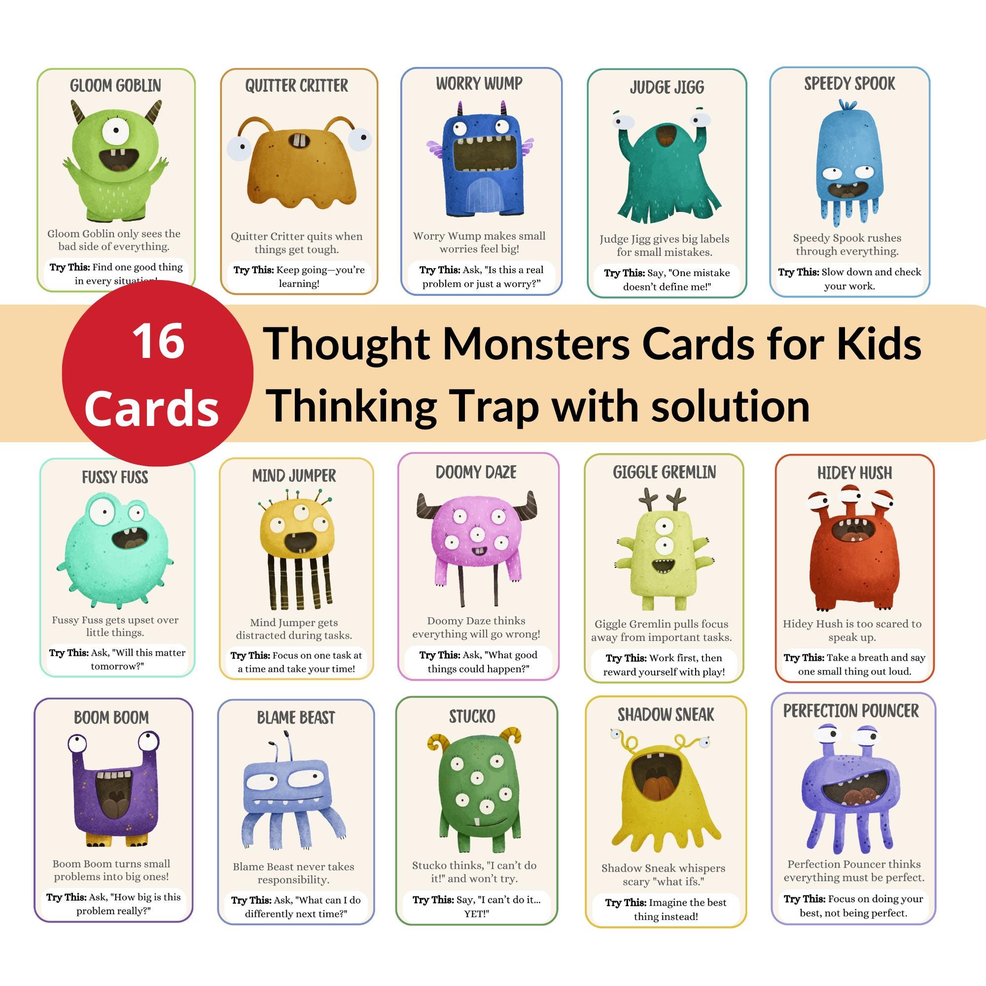 Printable Thought Monster Cards: CBT Coping Strategies for Kids
