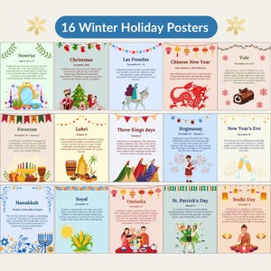 May include: A colorful poster featuring 16 winter holiday celebrations. Each celebration is represented by a unique illustration and text, including Christmas, Hanukkah, and New Year's Eve. The poster is designed to be informative and visually appealing.