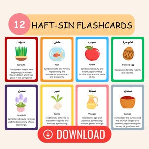 12 cartes-éclair du Norouz, ensemble éducatif imprimable pour enfants | Haft-Sin persan, symboles printaniers du nouvel an iranien, gravures Haft Seen pour enfants