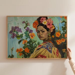 Retrato de mulher mexicana, arte em estilo vintage, pintura de flores vibrantes, flores no cabelo, pôster da herança mexicana, arte de retrato