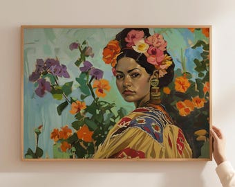 Portrait of Mexican Woman Print, Vintage Style Artwork, Vibrant Flowers Painting, Flowers in Her Hair, Mexico Heritage Poster, Portrait Art