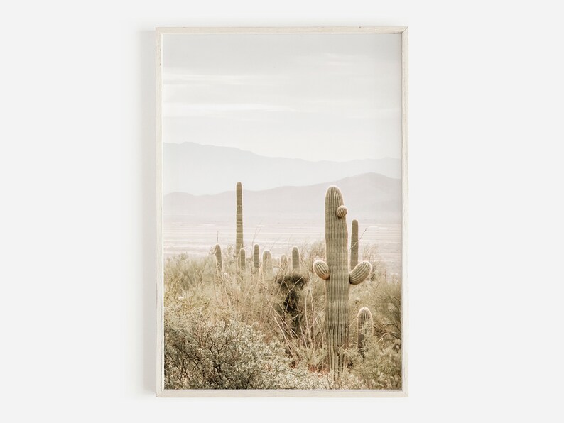 May include: A photograph of a desert landscape with a row of tall cacti in the foreground. The cacti are green and have a light brown color. The background is a hazy, light brown color with a mountain range in the distance.