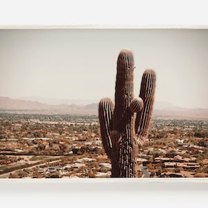 Saguaro com vista para a cidade, trilha de montanha Camelback, arte de parede Phoenix Saguaro, impressão da natureza do Arizona, decoração de casa de cacto Saguaro
