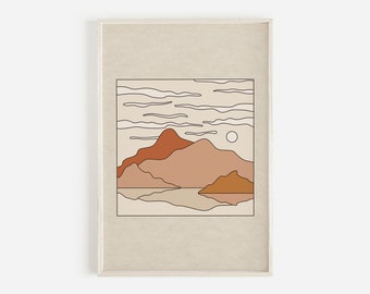 Mountain Reflection, Vintage Inspired Art, Modern Art, Desert Landscape, Boho Wall Art, Abstract Art, Neutral, Downloadable Printable Art