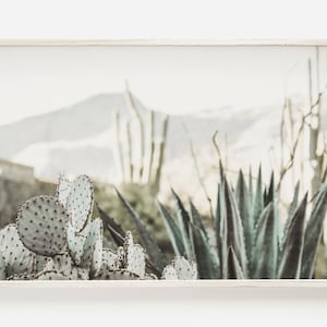 Op de afbeelding: Een ingelijste print met een woestijnlandschap. De afbeelding toont verschillende cactussen, waaronder schijfcactussen en agaves, met een vage bergketen op de achtergrond. Het kleurenpalet is gedempt, met tinten groen, grijs en beige.