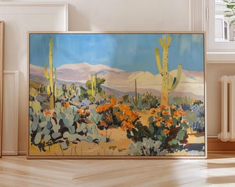 May include: A painting of a desert landscape with tall cacti and blooming orange flowers. The sky is blue and the mountains in the background are a soft purple.