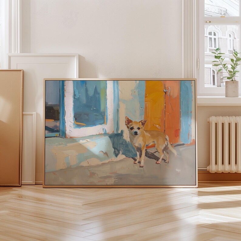 May include: A painting of a small, light brown dog standing in front of a building with a blue door and orange walls. The dog is looking at the viewer.