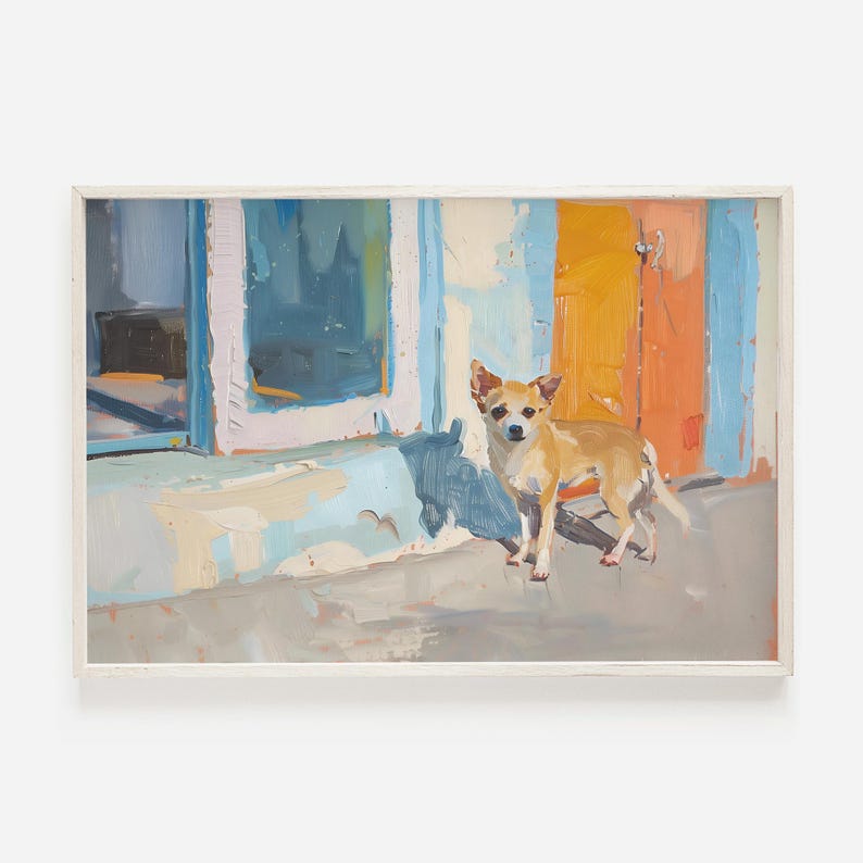 May include: A painting of a small, light brown dog standing in front of a building with a blue and orange door. The dog is looking directly at the viewer. The building is painted in shades of blue, white, and orange.