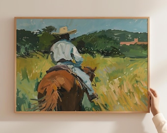Cowboy on Horseback Wall Art, Mexico Ranch Hand Printable, Vintage Southwest Painting, Mexican Cowboy Poster, Original Artwork, Vaquero Art
