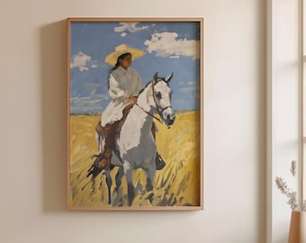 Cowgirl on Horse Wall Art, South of the Border, Mexican Cowgirl Printable, Painting of Horse, Southwest Home Decor, Rustic Cowgirl Poster