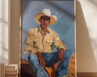 Könnte beinhalten: Ein Gemälde einer Person, die einen weißen Cowboyhut und ein gelbes Hemd mit Knöpfen trägt. Die Person sitzt mit gekreuzten Beinen und trägt eine blaue Jeans. Der Hintergrund ist ein blauer Himmel.