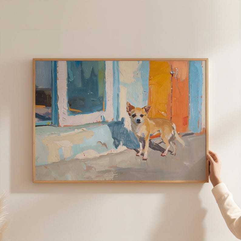 May include: A painting of a small, light brown dog standing in front of a building with a blue, white and orange door. The dog is looking directly at the viewer.
