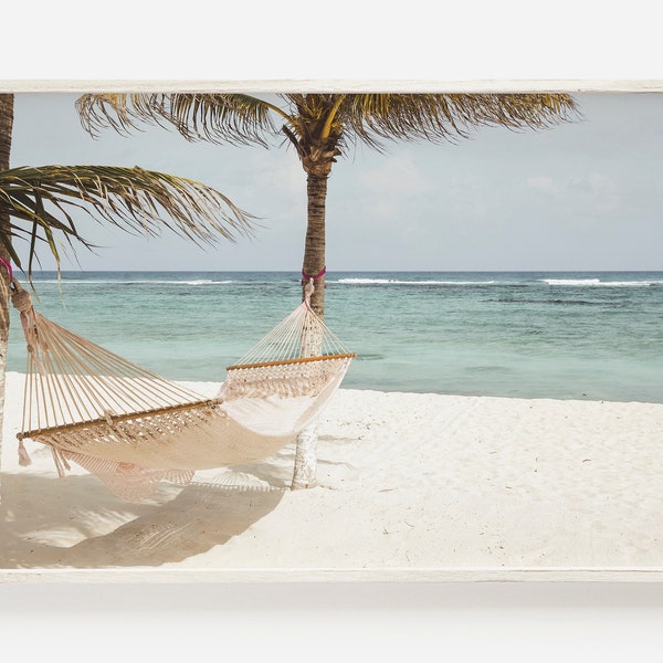 Plage de sable blanc au Mexique, impression de hamac de plage, art de mur de vacances de plage, décor à la maison côtier, paysage de plage de sable blanc, photo de plage du Mexique