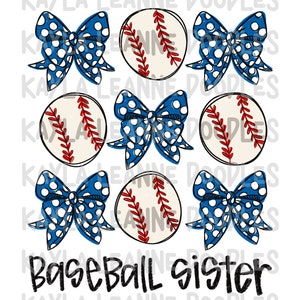 Puede incluir: Un diseño digital con pelotas de béisbol, lazos azules con lunares blancos y el texto "Baseball Sister". Las pelotas de béisbol son de color crema con costuras rojas. Los lazos son de color azul vibrante con lunares blancos.