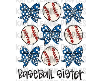 Könnte beinhalten: Ein digitales Design mit Baseballs, blauen Schleifen mit weißen Tupfen und dem Text "Baseball Sister". Die Baseballs sind cremefarben mit roten Nähten. Die Schleifen sind leuchtend blau mit weißen Tupfen.