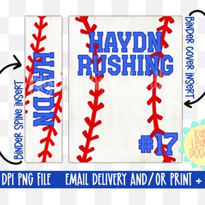 May include: A printable baseball-themed binder cover and spine insert with the name "HAYDN RUSHING" and the number "17" in blue text on a white background with red stitching.