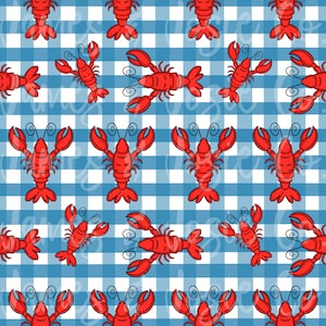 Puede incluir: Un patrón sin costuras con langostas rojas sobre un fondo de cuadros azules y blancos. Las langostas están dibujadas en un estilo de dibujos animados con contornos negros.