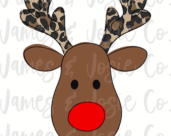 May include: A cartoon reindeer head with brown fur, a red nose, and black eyes. The reindeer has antlers with a leopard print pattern.
