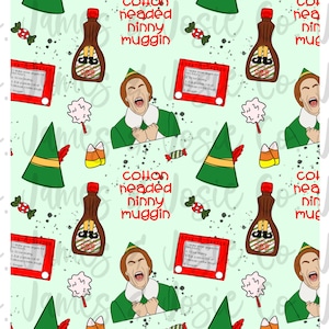 May include: A light green pattern featuring illustrations of a cartoon elf, syrup bottles, candy, and a red Etch-A-Sketch. The words "cotton headed ninny muggins" are also included in the design. The overall theme is a holiday design.