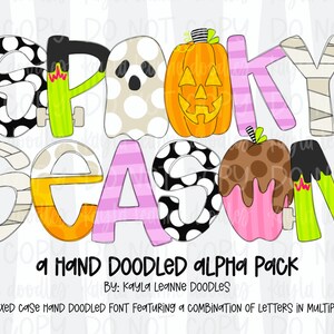 May include: A hand-drawn alphabet set in a spooky Halloween theme. The letters are decorated with various patterns, including polka dots, stripes, and mummy bandages. The letters spell out "Spooky Season".