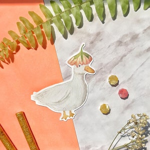 Flower Hat Duck - Matte Vinyl Sticker // illustration, gouache, art, laptop, water bottle, kawaii