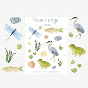 River's Edge Matte Sticker Sheet // autocollants, illustration, art, aquarelle, journalisation, bujo, mignon, grenouille, héron, nature