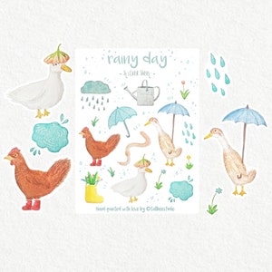 Hoja de pegatinas mate Rainy Day // pegatinas, ilustración, arte, diario, bujo, lindo, pato, pollo, primavera