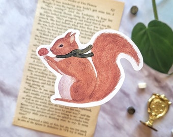 Squirrel - Matte Vinyl Sticker // illustration, gouache, water bottle sticker, laptop decal, kawaii, forest, woodland, autumn, mushroom